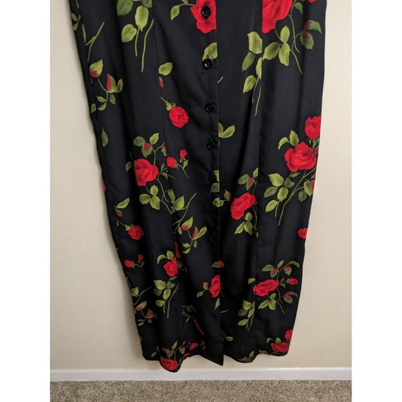 Vintage 90s size 8 rose print black floral button down midi dress - Picture 4 of 9